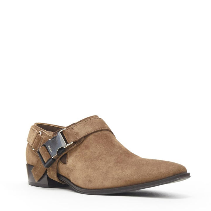 PRADA Santiag brown suede logo buckle harness western brogue shoe EU36