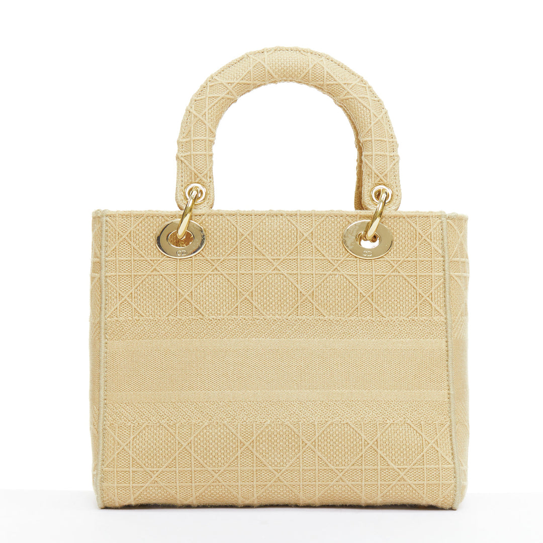 CHRISTIAN DIOR Lady D-Lite Medium Cannage beige canvas CD charm top handle bag