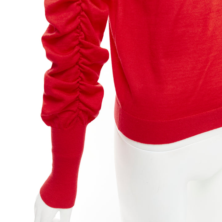 DICE KAYEK red 100% wool ruched sleeves crew neck cardigan sweater FR36 S