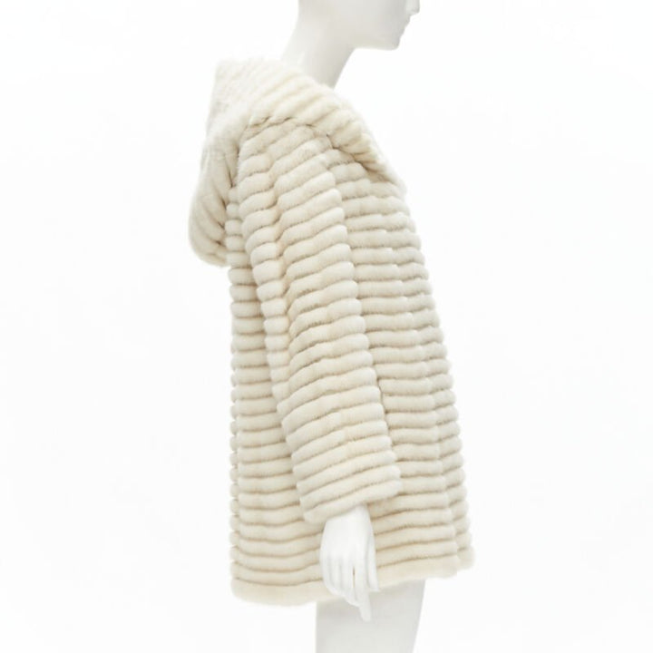 MARCO VANOLI cream tulle fur stripes buttoned asymmetric hooded jacket IT40 S