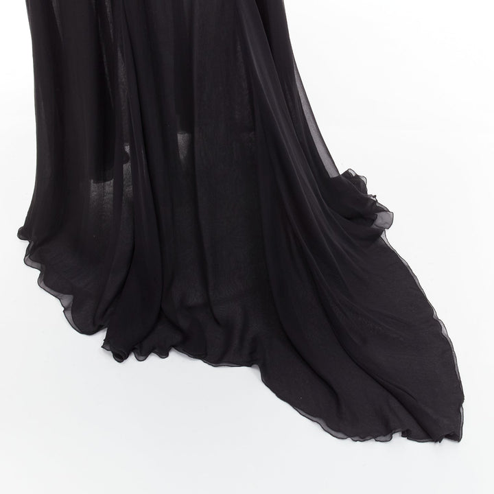 GIANNI VERSACE Vintage black punk chain detail lace trim sheer long gown IT38 XS