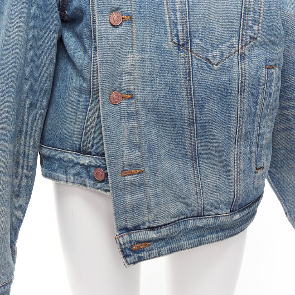 BALENCIAGA Demna 2021 blue washed denim off shoulder deconstructed jacket L