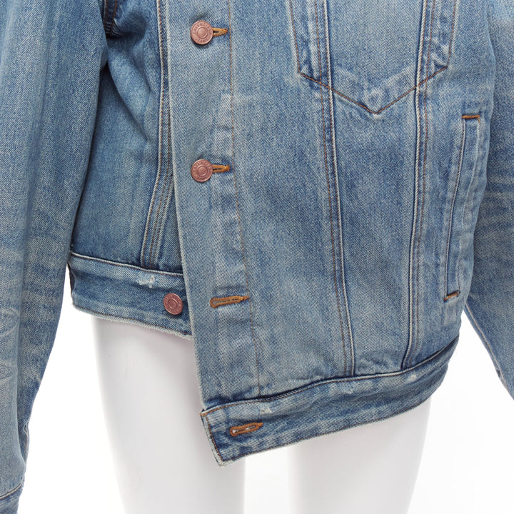 BALENCIAGA Demna 2021 blue washed denim off shoulder deconstructed jacket L