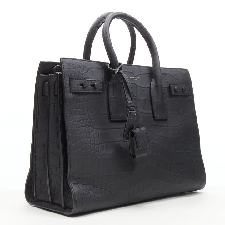 SAINT LAURENT Small Sac De Jour matte black stamped croc tote bag