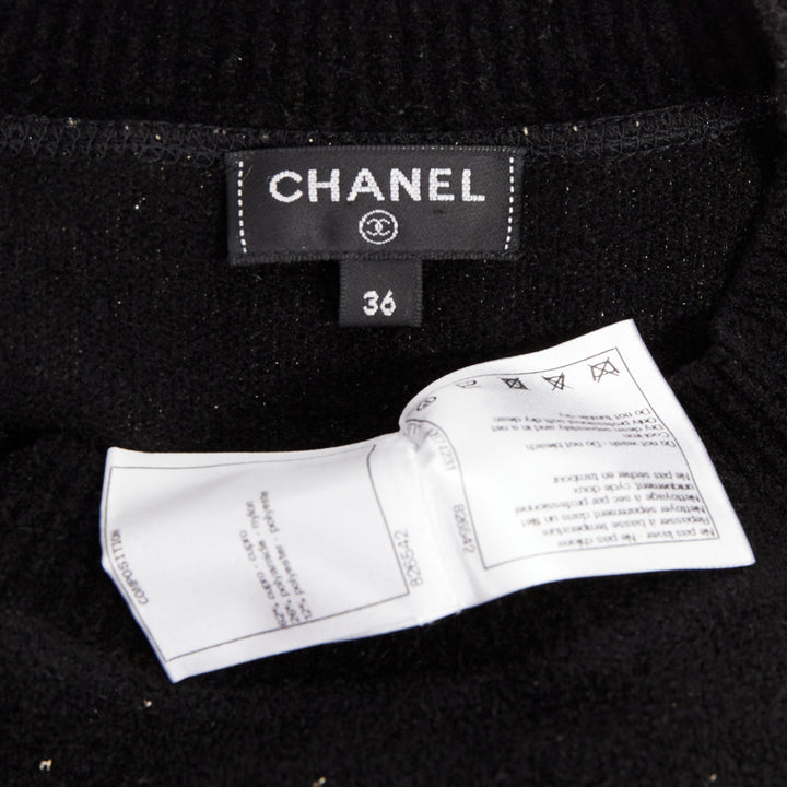 CHANEL black cupro blend CC starburst logo lurex long sleeve sweater FR36 S