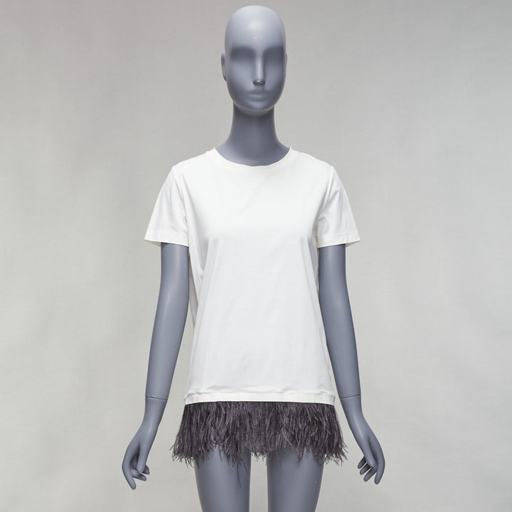 JIL SANDER white cotton black ostrich feather trim crew neck tshirt S