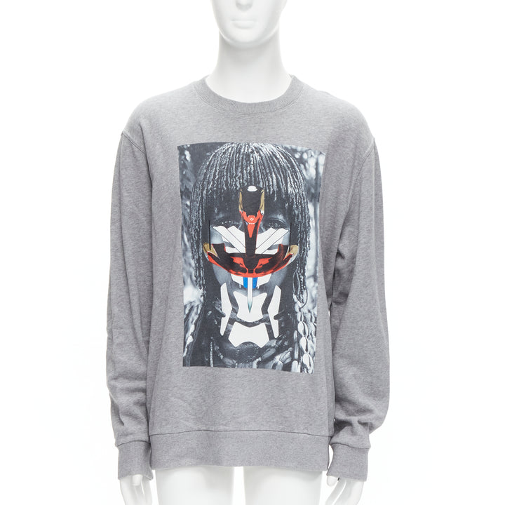 GIVENCHY Riccardo Tisci grey tribal girl graphic print cotton crew sweater S