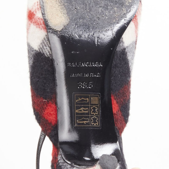 BALENCIAGA BB Knife gold logo red black plaid wool sling kitten pump EU38.5
