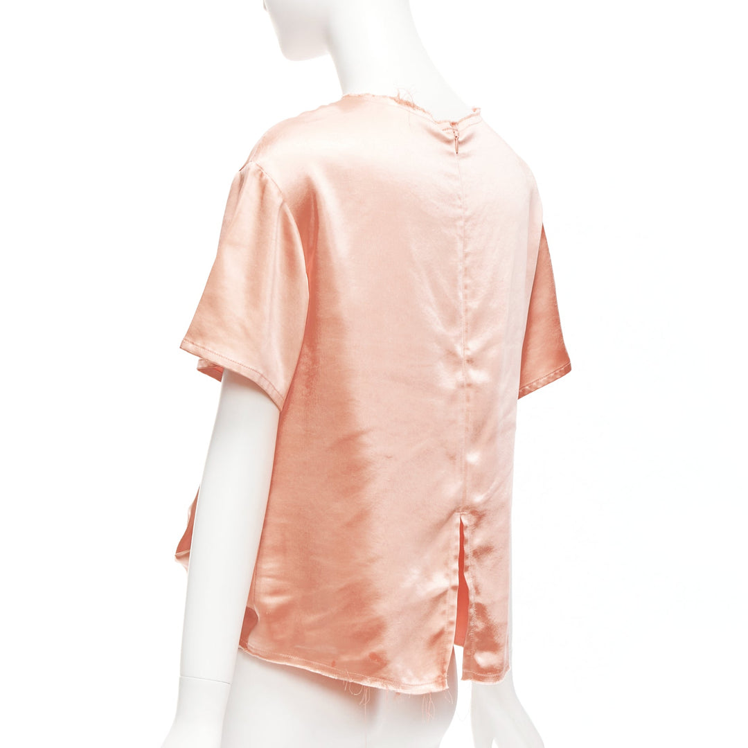 REGINA PYO pink silky satin front knot crew neck frayed edge collar top S