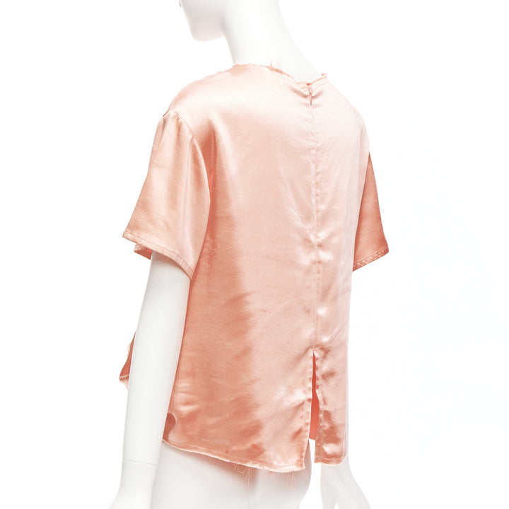 REGINA PYO pink silky satin front knot crew neck frayed edge collar top S