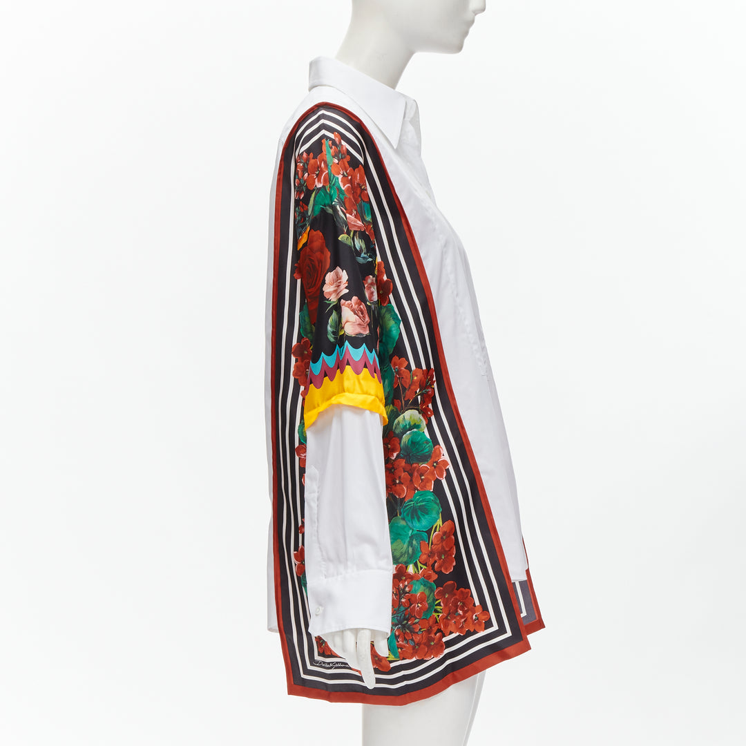 DOLCE GABBANA red yellow floral scarf silk insert white high low shirt IT38 XS