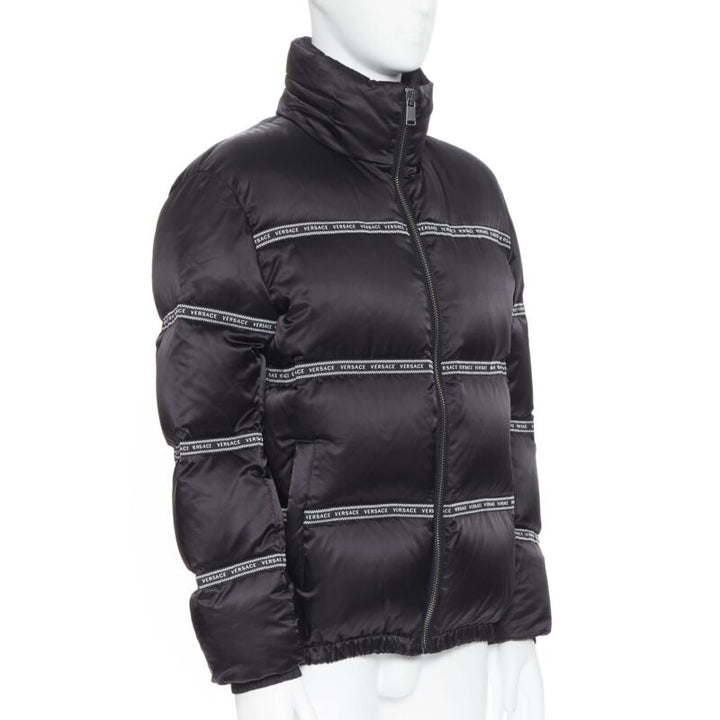 VERSACE Nastro Stampa black logo ribbon goose down padded jacket IT46 S