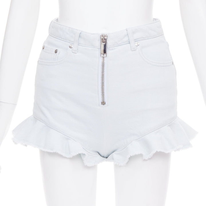 MSGM light blue washed ruffle hem zipper front mini shorts IT38 XS
