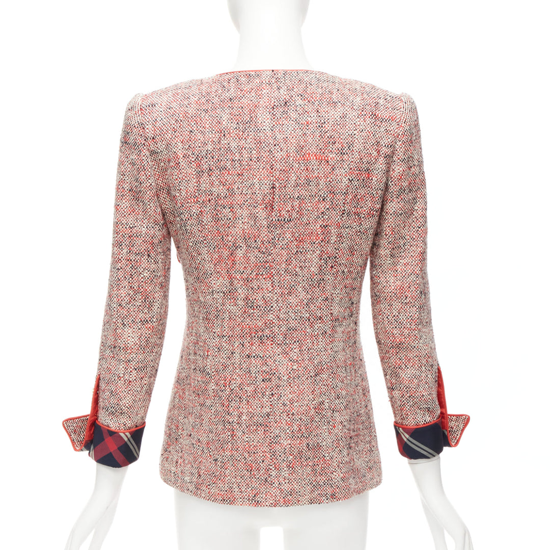 CHANEL Vintage red boucle tweed gold button double breast blazer jacket FR34 XS