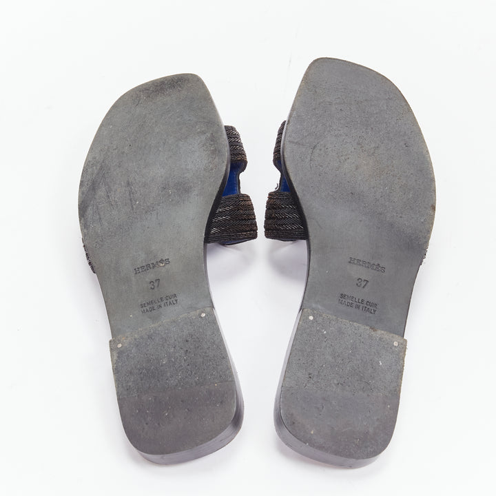 HERMES Oran H logo iconic black beaded blue insole sandals shoes EU 37