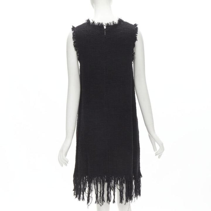 MSGM tweed ethnic bird embroidery fringe hem little black dress IT40 S