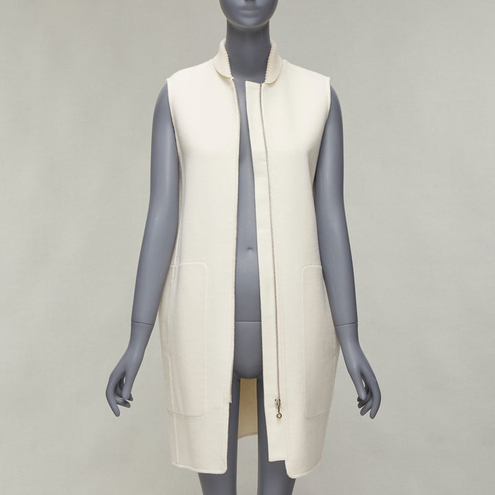 HERMES 100% cashmere cream applique back ribbed zip sleeveless coat FR34 XS