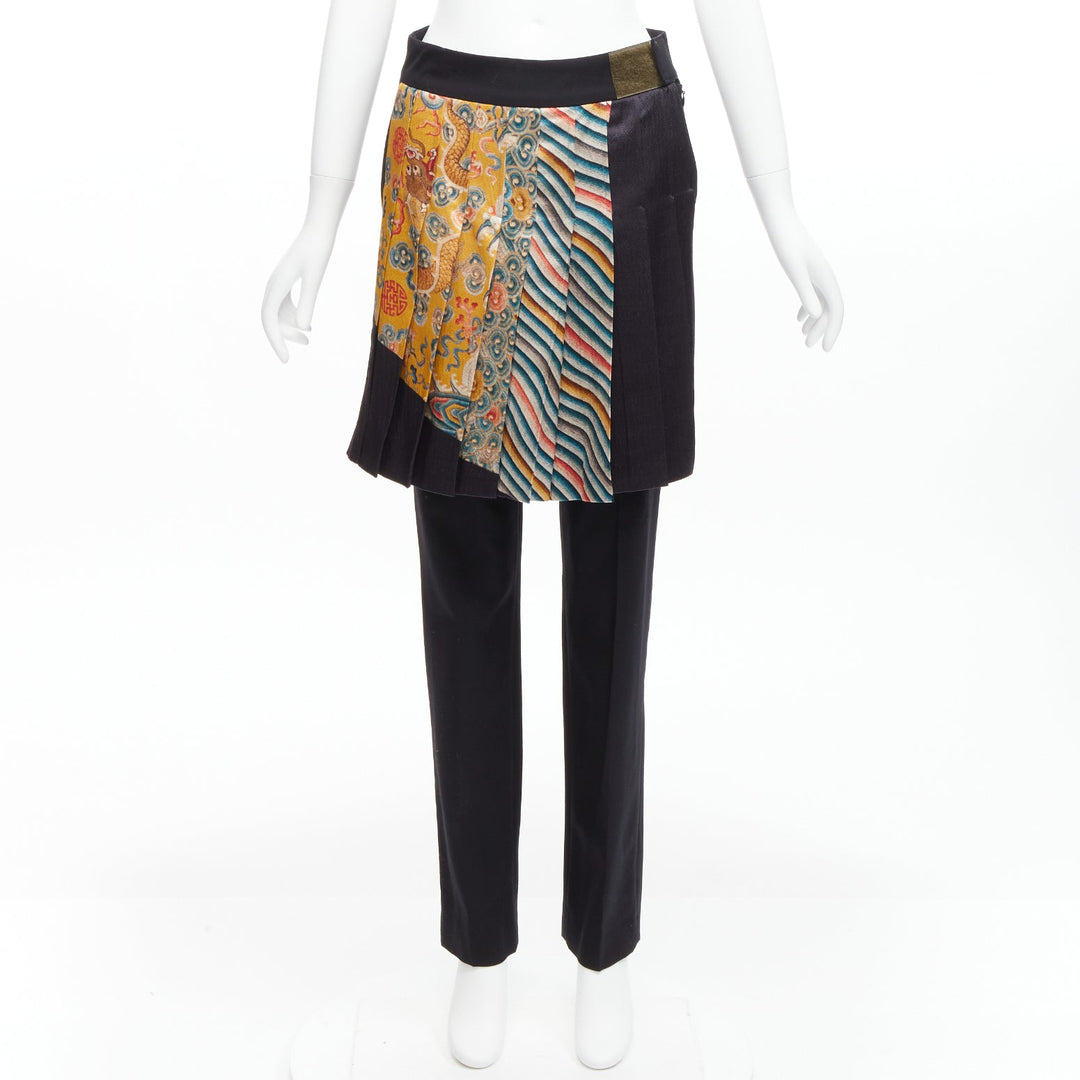 DRIES VAN NOTEN 2012 Runway Gold Chinese dragon pleated kilt trousers FR36 S