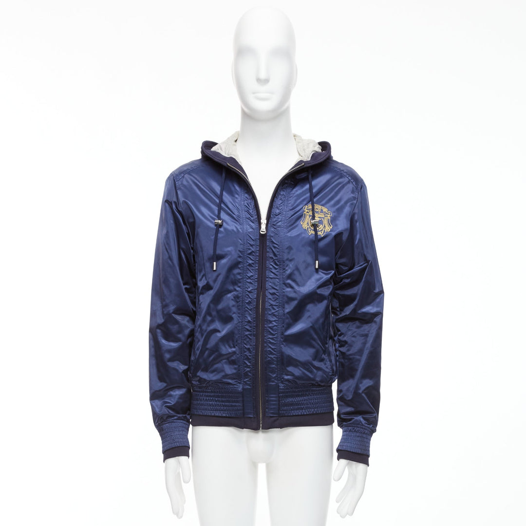 D&G navy nylon grey cotton lined gold varsity logo hooded zip up  IT46 S