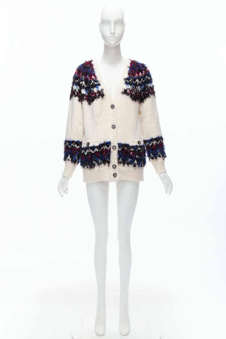CHANEL pink blue fluffy lurex cream intarsia crystal CC button cardigan FR36 S