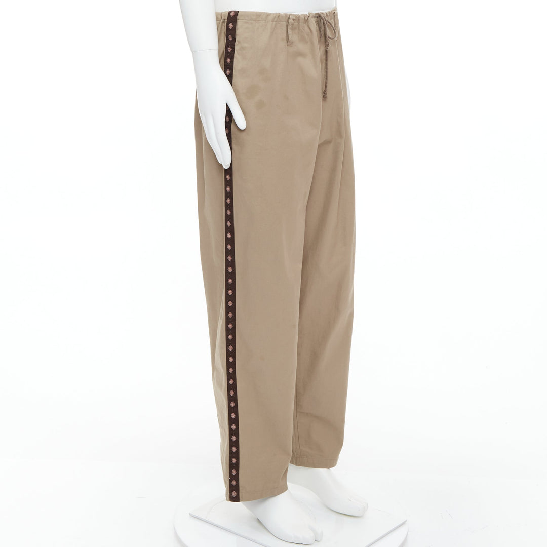 YOHJI YAMAMOTO beige brown ethnic trim drawstring wide pants JP3 L