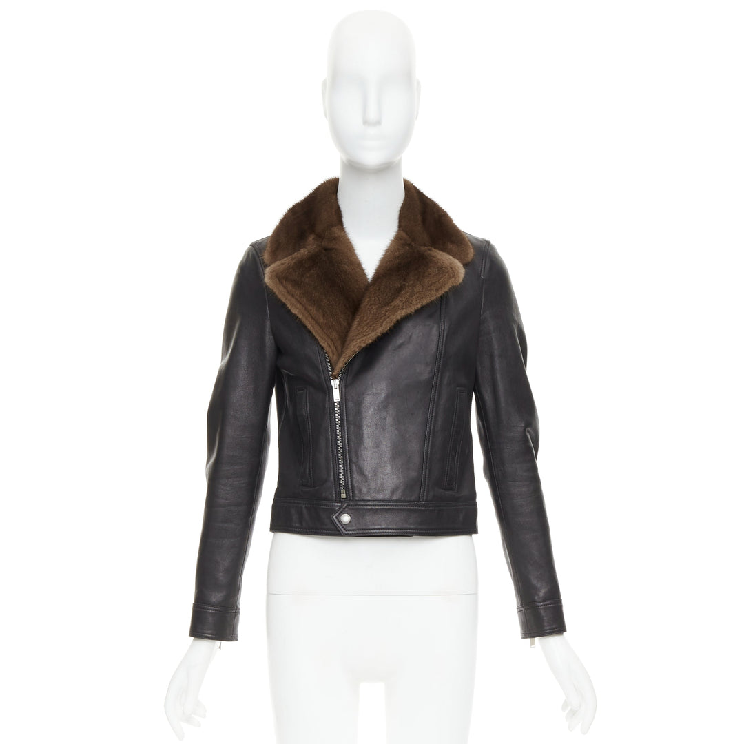 SAINT LAURENT 2018 brown mink fur black lambskin leather biker jacket FR38 M