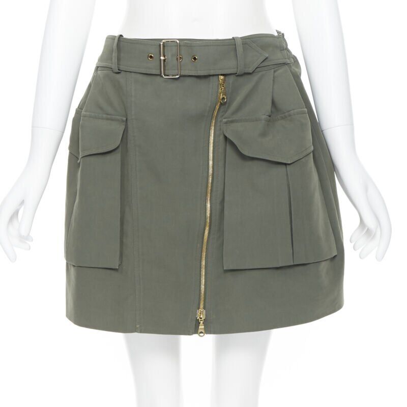 KENZO military khaki green cotton dual pockets belted elasticated skirt Fr38