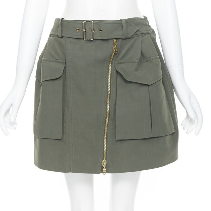 KENZO military khaki green cotton dual pockets belted elasticated skirt Fr38