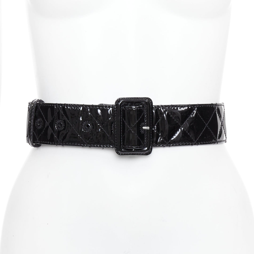 BURBERRY black patent leather diamond quilted rectangular buckle belt 75cm