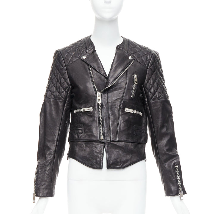 BALENCIAGA 2011 black leather quilted silver zip crop moto biker FR38 M