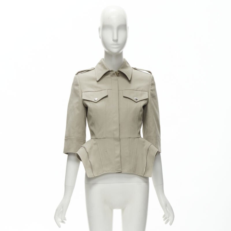 ALEXANDER MCQUEEN grey cotton fitted zipper trim peplum utility jacket IT38 XS