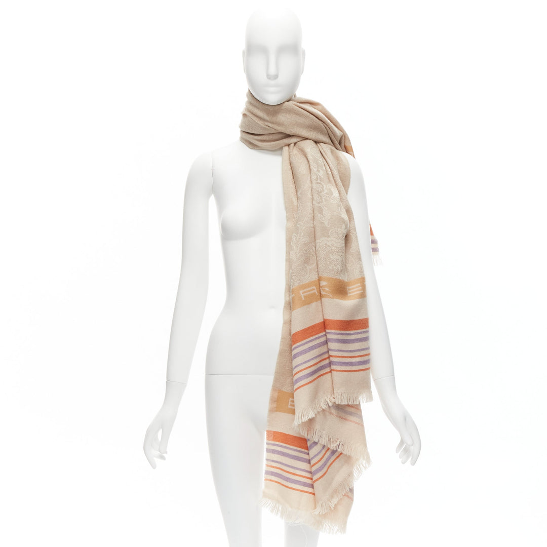 ETRO Home Collection 100% merino wool beige logo stripes fringe scarf