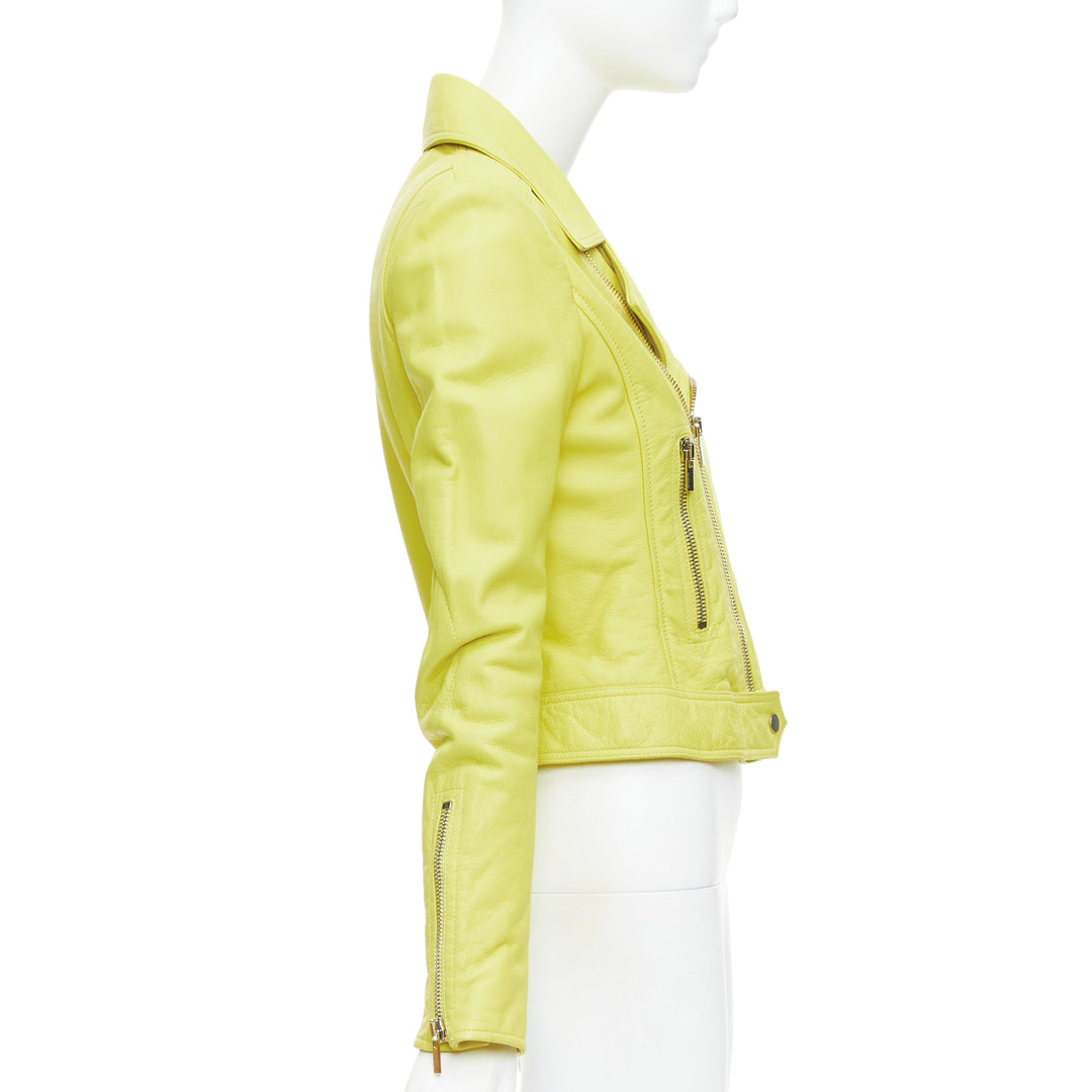 BALENCIAGA 2014 yellow lambskin leather crop biker jacket FR38 M