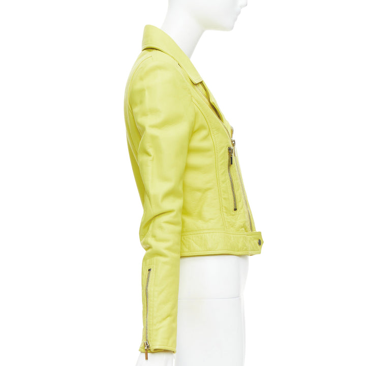 BALENCIAGA 2014 yellow lambskin leather crop biker jacket FR38 M