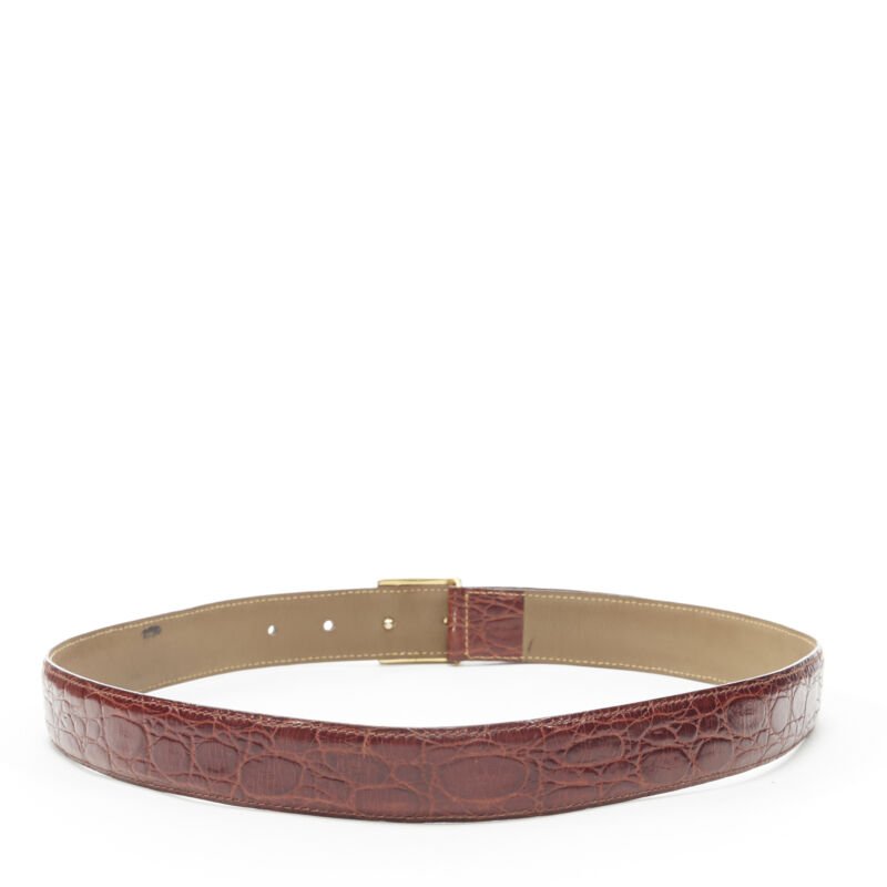 OSCAR DE LA RENTA brown stamped mock croc gold logo buckle belt 32"-36"