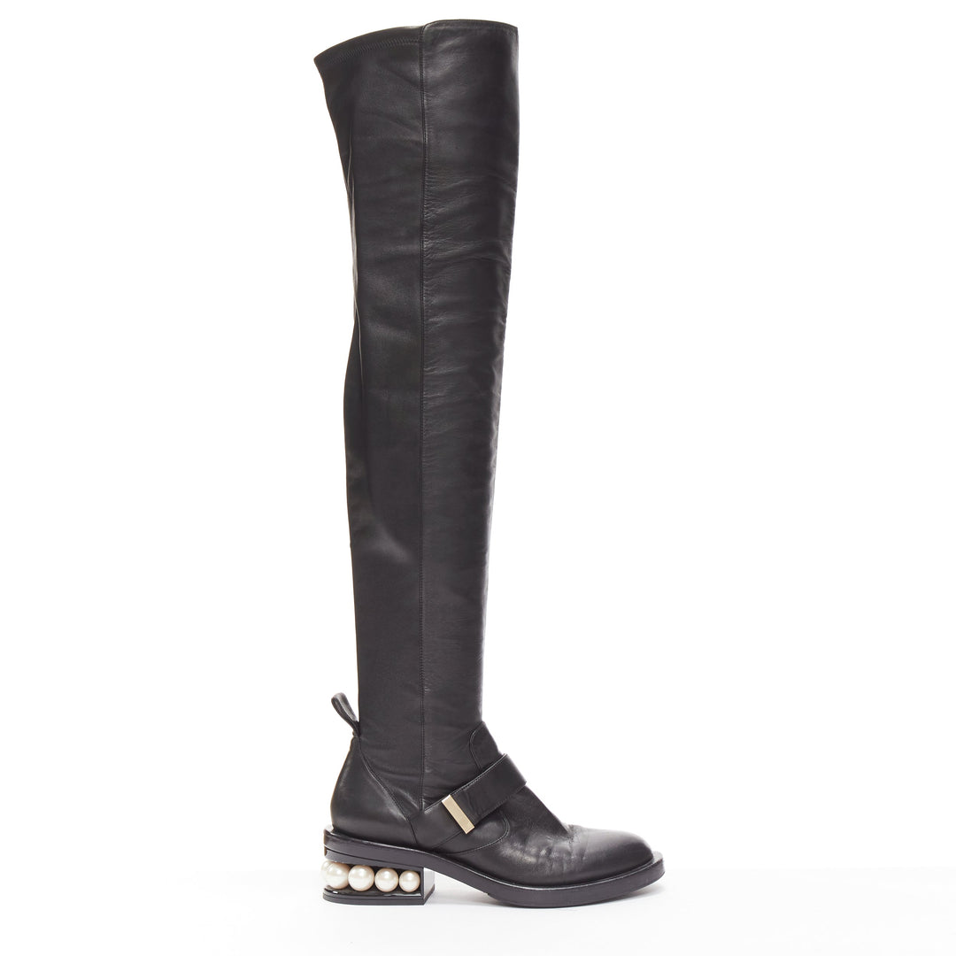NICOLAS KIRKWOOD black XL pearl embellished heel knee high flat boots EU37.5