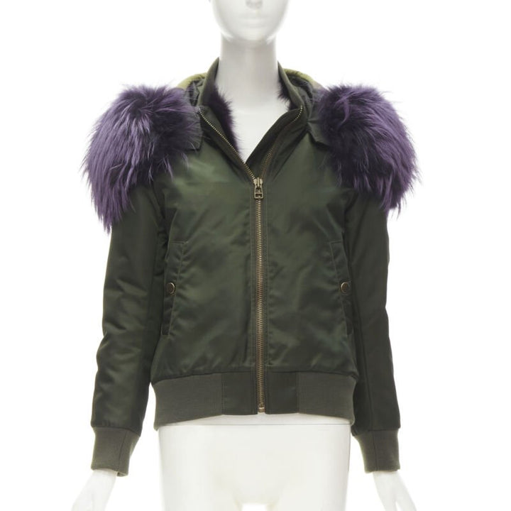 MR AND MRS ITALY green nylon purple fox fur fully lined MA-1 bomber jacket XS