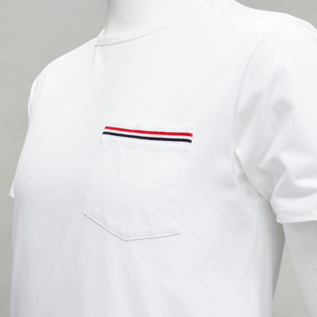 THOM BROWNE iconic stripes patch pocket white cotton tshirt Sz. 1 S