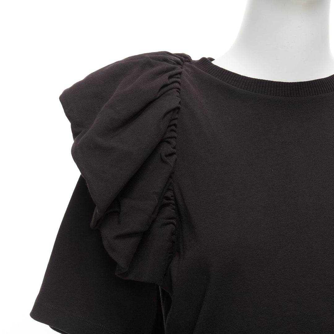 DRIES VAN NOTEN black cotton asymmetric ruffle half sleeve boxy top S