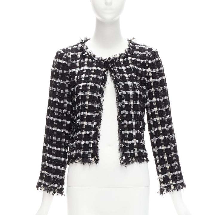 CHANEL black white raw frayed check tweed gripoix buttons cropped jacket FR40 L