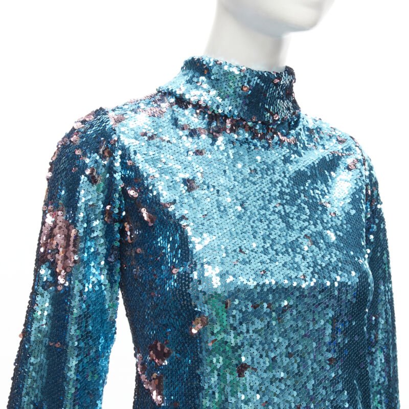 HALPERN blue purple double faced sequins turtleneck flared sleeve top FR34 XS