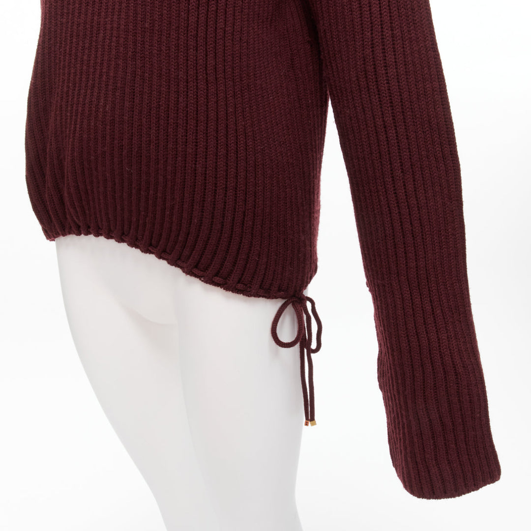 GUCCI 100% wool burgundy brown tie side drop sleeve turtleneck jumper IT38 XS