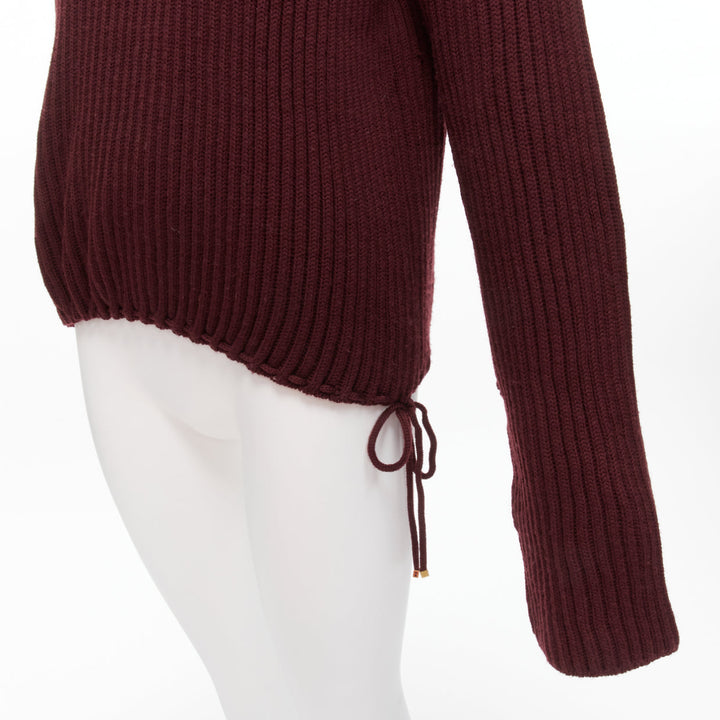 GUCCI 100% wool burgundy brown tie side drop sleeve turtleneck jumper IT38 XS
