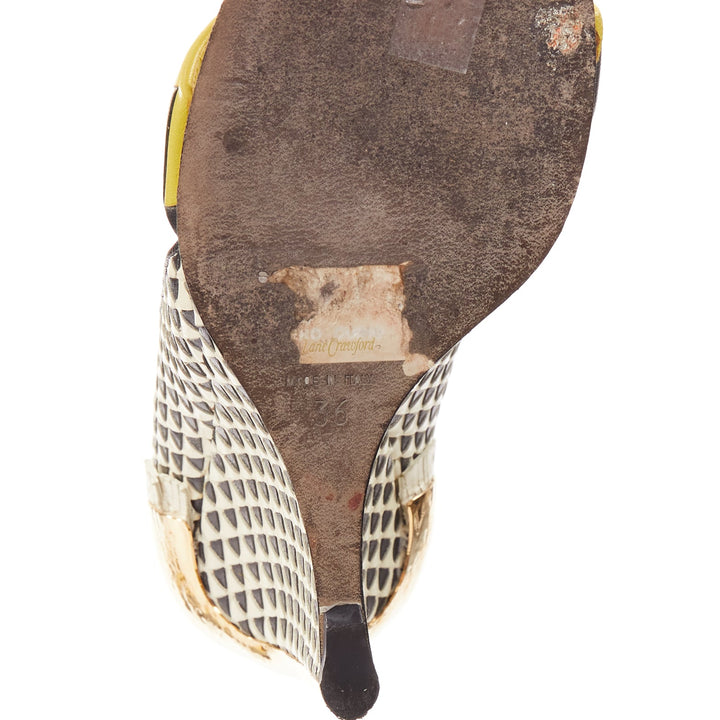 SERGIO ROSSI gold cap heel geometric yellow black wedge sandals EU36