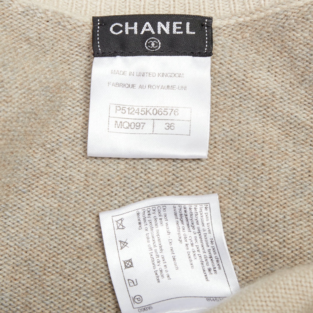 CHANEL 100% cashmere beige cream colorblocked CC buttons cardigan FR36 S