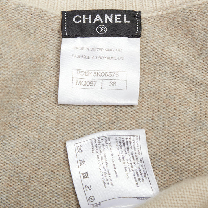 CHANEL 100% cashmere beige cream colorblocked CC buttons cardigan FR36 S
