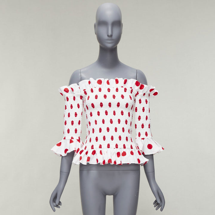CAROLINE CONSTAS white red polka dot cotton ruffle ruched top XS