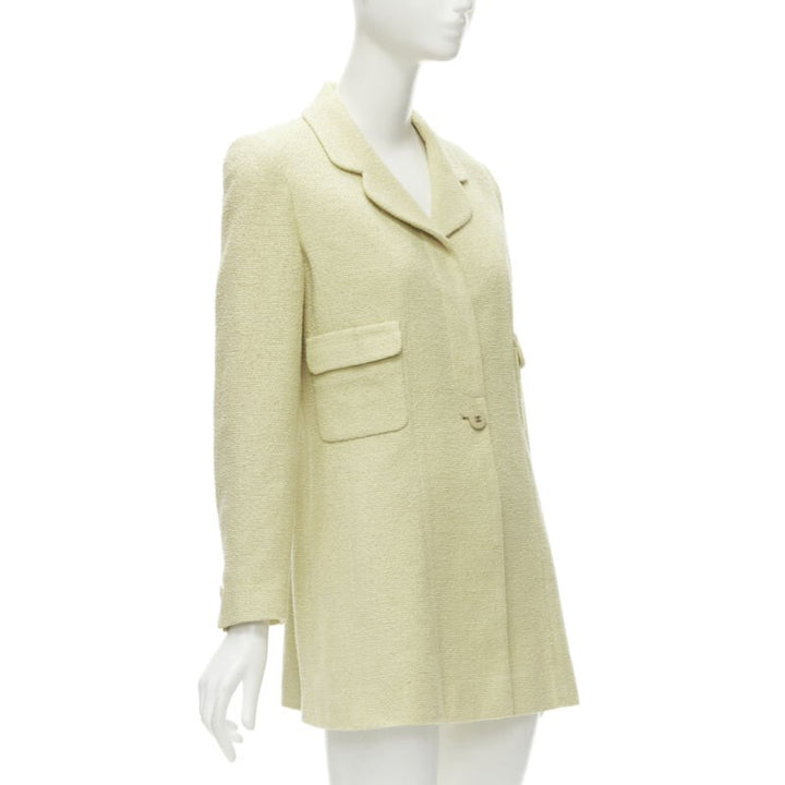 CHANEL 98C Vintage pastel yellow tweed CC button long jacket FR42 L