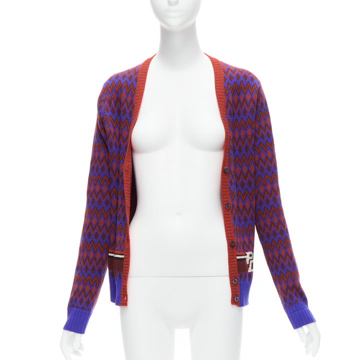 PRADA 2018 purple wool cashmere racing logo chevron intarsia cardigan IT38 XS
