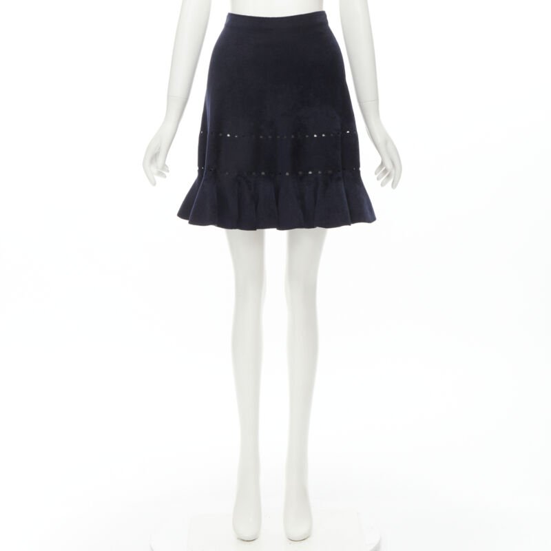 ALAIA black velour geometric cut out flared hem skirt FR38 M